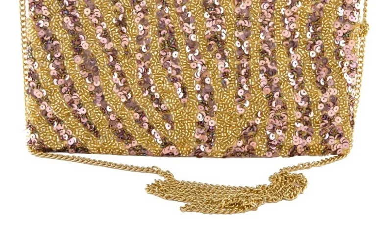 Seed Bead & Sequin Zebra Print Purse In Gold