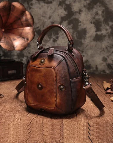 Vintage Brown Geometric Womens Leather Round Brown Handbag Box Shoulder Bag Purse for Ladies