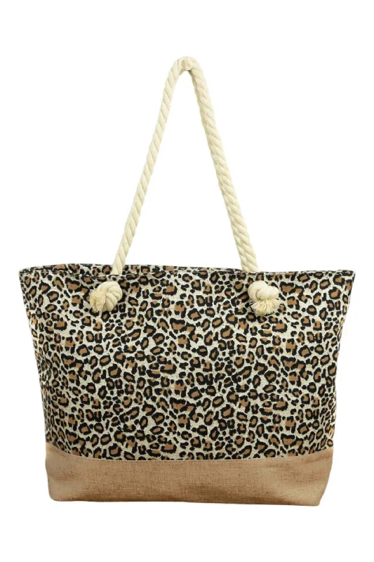 Women's Leopard With Burlap Straps Tote Bag In Brown