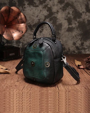 Green Geometric Vintage Womens Leather Round Brown Handbag Box Shoulder Bag Purse for Ladies