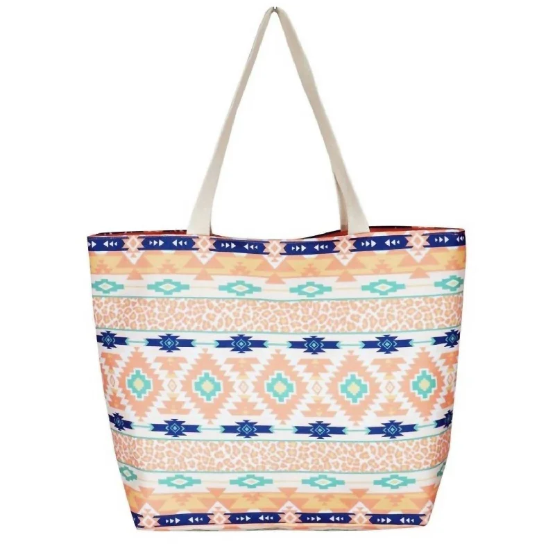 Leopard & Aztec Print Canvas Tote Bag In Coral/mint