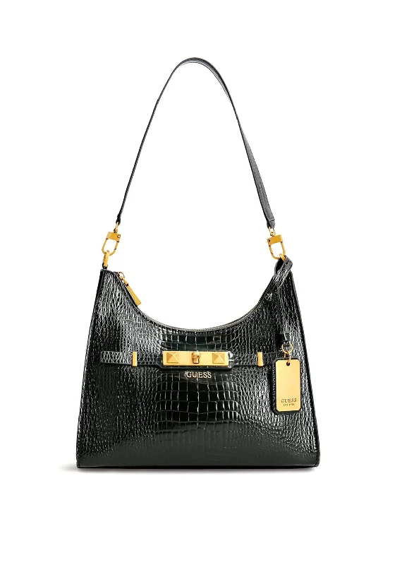 Guess Raffie Croc Print Shoulder Bag, Black