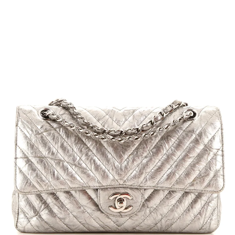 Classic Double Flap Bag Chevron Crumpled Metallic Patent Medium