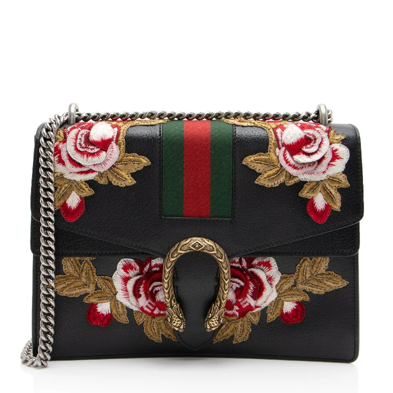 Gucci Leather Embroidered Rose Dionysus Medium Shoulder Bag