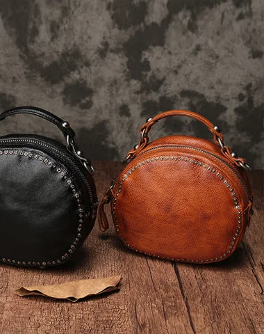 Vintage Brown Leather Womens Round Handbag Black Shoulder Circle Bag Purse For Women