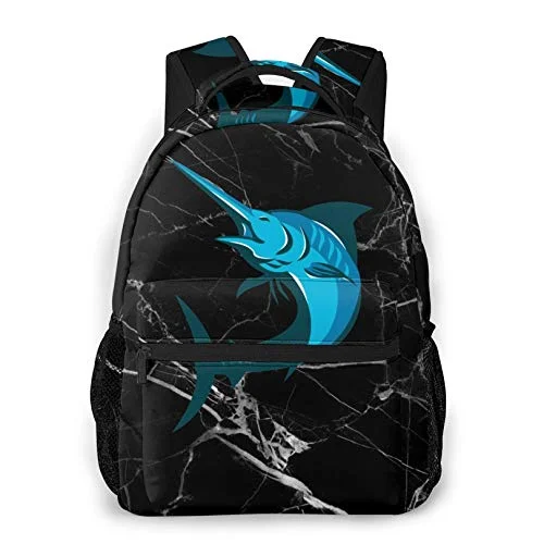 Black Backpack blue marlin fish jumping Daypacks for Women Men, Bookbags for Outdoor Hiking School