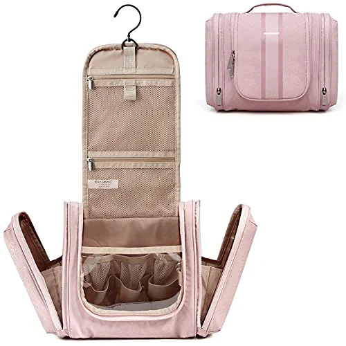 Hanging Toiletry Bag, BAGSMART Travel Toiletry Organizer with hanging hook, Water-resistant Cosmetic Makeup Bag Travel Organizer for Shampoo, Full Sized Container, Toiletries, Pink