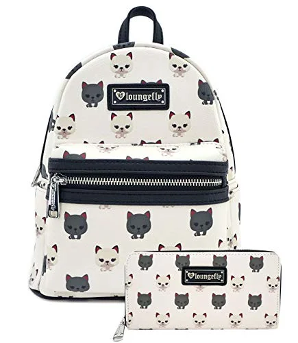 Loungefly Cat Print Faux Leather Mini Backpack and Wallet Set (Off White)