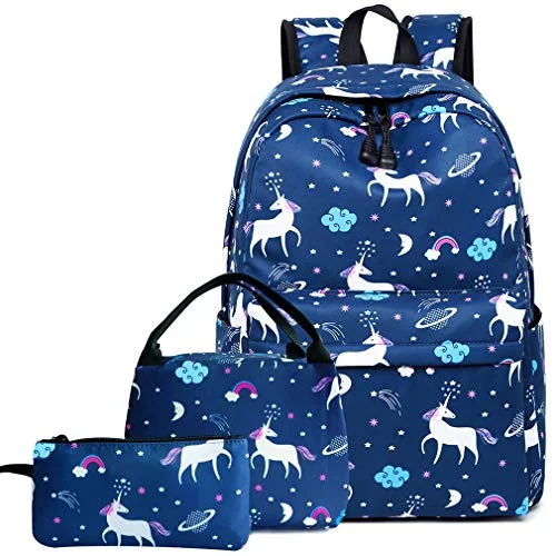 Hey Yoo 3pcs Laptop Backpack 3 Pieces Casual Hiking Daypack Bookbag School Bag Backpack Sets for Girls Women (Blue Unicorn)