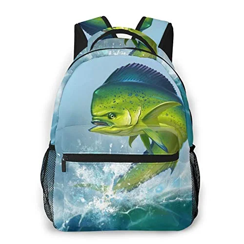 DAOPUDA Leisure Travel Backpack For Women Men Kids,Green Ocean Mahi Dolphin Fish On Blue Dorado Fishing Saltwater