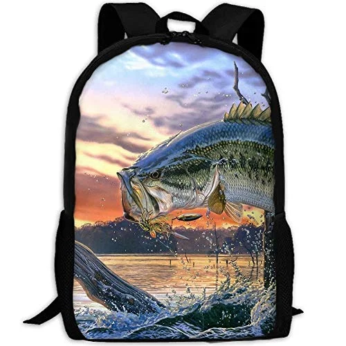 Bass Fish Jumping Unique Outdoor Shoulders Bag Fabric Backpack Multipurpose Daypacks For Adult