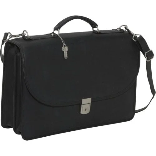 Jack Georges [Personalized Initials Embossing] Platinum Double Gusset Flap Over Leather Briefcase in Black