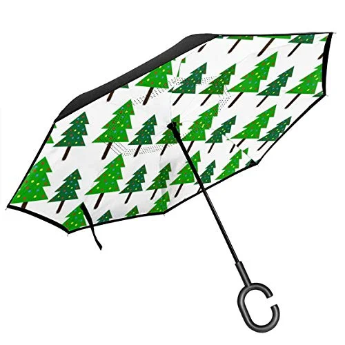 Reverse Umbrella, Holiday Christmas Green Tre Inverted Umbrella,UV Protection Windproof Umbrella C-Shaped Handle Double Layer Reverse for Car Outdoor Use