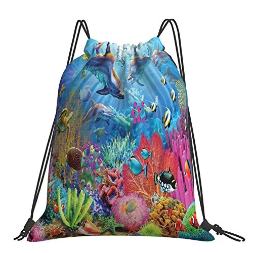 Underwater Ocean Dolphin Fish Coral Reef Summer Drawstring Backpack Sport Gym Bag Sackpack Shoulder Bags for Hiking Yoga Travel Beach