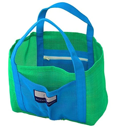 Child Small Mesh Beach Bag – 2 Zippers, Hand Carry, Green And Blue