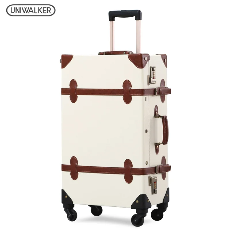 Uniwalker Woman&Men Beige Vintage  Rolling Luggage Trolley Travel Bags Carry On Luggage With 360