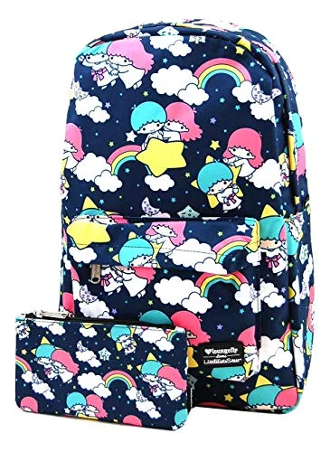 Loungefly Hello Sanrio Twin Stars Regular Canvas Backpack and Pouch Set (Blue)