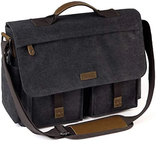 Messenger Bag for Men, VASCHY Vintage Water Resistant Waxed Canvas Satchel 15.6 inch Laptop Briefcase Shoulder Bag with Padded Shoulder Strap Gray