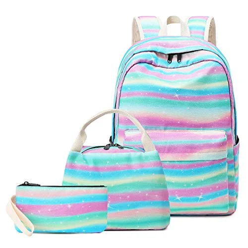 Pawsky School Backpack for Girls, 15" Laptop Backpack Daypack Kids School Bag Bookbag with Lunch Bag Pencil Case, Rainbow